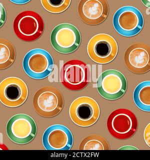 Muster aus verschiedenen Kaffee (Espresso, Cappuccino, Americano, Instant, geröstete Bohnen) und Tee (schwarz, grün und Oolong) Tassen auf beigem Hintergrund Stockfoto