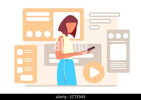 Social Media Content Manager Konzept. Business-Analyse, Blog-Strategie und Management-Design. Illustration für Freelance Marketing Specialist. Frau Verwaltung SMM Strategie Prozesse Cartoon Charakter. Stock Vektor