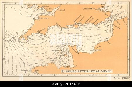 English Channel Strömungen 2 Stunden nach Hochwasser in Dover. ADMIRALTY 1943 Karte Stockfoto