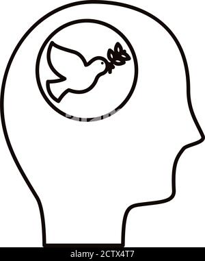 Profildenken in Friedenstaube mit Ölzweig fliegender Linie Stil Symbol Vektor Illustration Design Stock Vektor