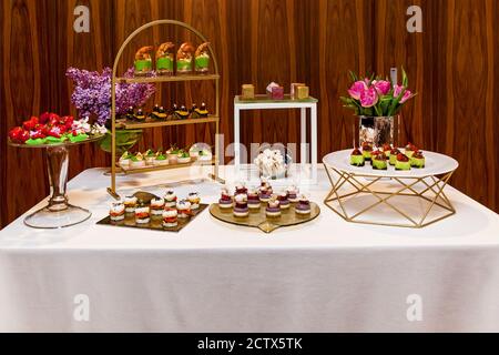 Catering, verschiedene leckere Snacks und Desserts auf Buffetplatten. Catering, verschiedene Snacks auf Tellern Stockfoto