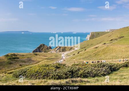 Panorama-KüstenklippenDraufsicht vom South West Coast Path Von Lulworth Cove bis Durdle Door an der Jurassic Coast Weltkulturerbe in Dorset Stockfoto