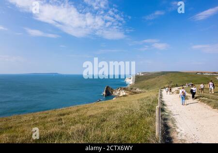 Panorama-KüstenklippenDraufsicht vom South West Coast Path Von Lulworth Cove bis Durdle Door an der Jurassic Coast Weltkulturerbe in Dorset Stockfoto