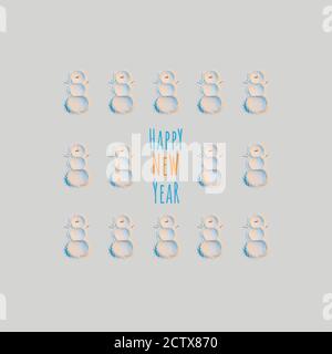 Neujahrskonzept, ein Schneemann aus Mehl mit einem Karotten Nom und Hände passt, in Neonlicht. Muster Stockfoto