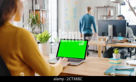 Über die Schulter: Kreative junge Frau sitzt an ihrem Schreibtisch mit Laptop mit Mock-up Green Screen. Büro wo Diverse Team von Young Professionals Stockfoto