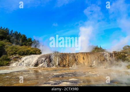 Die Terrasse 'Golden Fleece' im Orakei Korako Geothermiegebiet, Neuseeland. Dampf steigt aus kochenden heißen Quellen auf Stockfoto