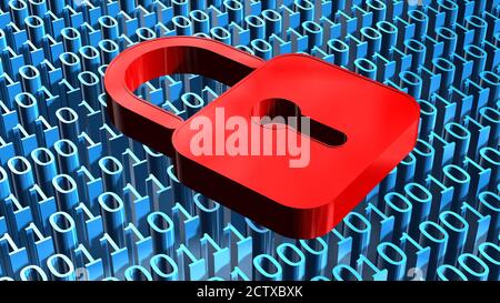 Sicherheitskonzept - rotes geschlossenes Vorhängeschloss über einem Binär Code Hintergrund in hellblau - 3D-Illustration Stockfoto