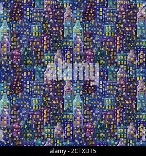 Weihnachten Hintergrund mit Nacht verschneiten Winterstadt. Aquarell alte europa Häuser mit Schneeflocken. Aquarell Nahtloses Muster von bunten europäischen Aams Stockfoto