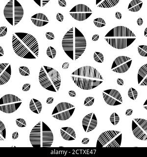 Abstrakt mono Print Stil Tribal Laub nahtlose Vektor-Muster Hintergrund. Einfache Lino Cut Effekt Hälften von versetzten texturierten Blättern.Schwarz und Weiß Stock Vektor