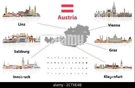 Österreich-Karte mit den großen österreichischen Städten Skylines' flachen Stil bunten Ikonen. Navigations- und Positionssymbole eingestellt. Vektorgrafik Stock Vektor