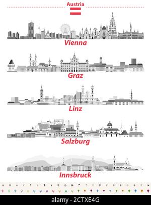 Österreich Städte Panorama Stadtbilder Vektor-Illustrationen in schwarz-weiß Farbpalette Stock Vektor