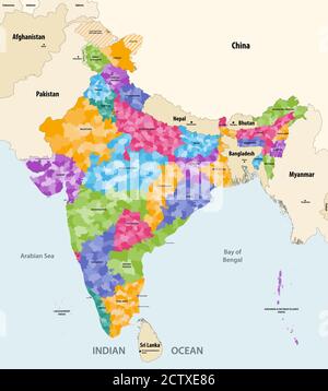 Karte von Indien mit Nachbarländern und Territorien. Indische Karte, die durch Bundesstaaten gefärbt ist und die Grenzen der Bezirke innerhalb jedes Bundesstaates zeigt. Vektor Stock Vektor