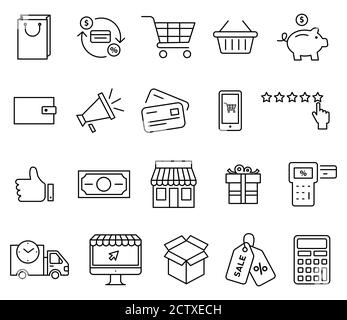 Symbole für den Einkauf. Vektorgrafik isolierte Umrissillustrationen gesetzt Stock Vektor