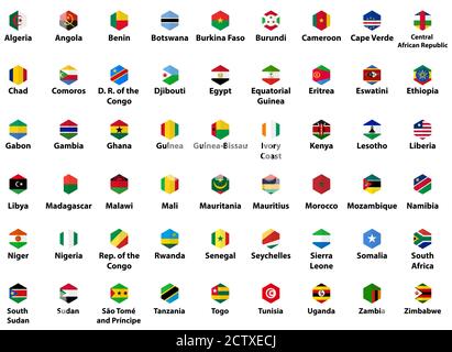 Afrika alle Länder Flaggen. Innensechskant isolierte flache Stil Design-Icons Set Stock Vektor
