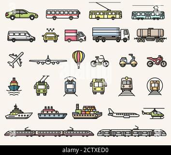 Transportsymbole. Vektor isoliert bunte flache Stil Illustrationen Kollektion Stock Vektor