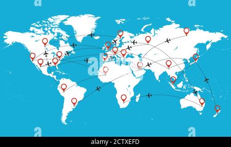 Vektorkarte der Welt mit fliegenden Flugzeugen Stock Vektor