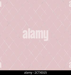 Argyle abstraktes geometrisches Silber Metall Karo Nahtloses Muster. Grau metallic handgezeichnetes Ornament auf rosa Hintergrund. Luxuriöse, glitzernde Textur. Drucken Stockfoto