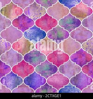 Vintage dekorative marokkanische Nahtloses Muster. Aquarell handgezeichnete bunte rosa endlose Textur Hintergrund. Aquarell geometrisches orientalisches Element Stockfoto