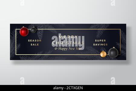 Weihnachtsangebot abstrakte Vektor-Gruß oder Holiday Card Hintergrund. Bannergröße. Gradient in Schwarz und Gold und moderne Typografie. Realistische Spielzeugbälle Stock Vektor