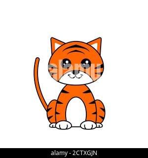 Nette Cartoon Baby Tiger lächelt. Kawaii Stil wild oder Zoo Tier. Lustige Tierfigur mit großen Augen sitzt. Orange mit schwarzen Streifen. Vektor Stock Vektor