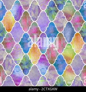 Vintage dekorative marokkanische Nahtloses Muster. Aquarell handgezeichnetes farbenfrohes Buntglasfenster-Design. Aquarell geometrische orientalische Elemente. P Stockfoto