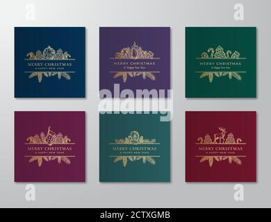 Weihnachtskollektion abstrakter botanischer Etiketten oder Karten mit rechteckigen Rahmen-Bannern. Golden Glitter Hintergrund Grußlayouts Set. Socken, Hirsch, Spielzeug Stock Vektor