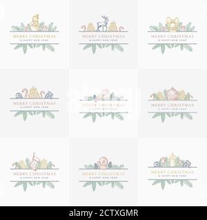 Weihnachten abstrakte botanische Etiketten oder Karten Sammlung. Banner Mit Rechteckigem Rahmen. Layouts Für Hintergrundgrüßen In Pastellfarben Festgelegt. Weihnachtsskizze Stock Vektor