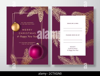 Weihnachten und Neujahr abstrakte Vektor-Grußkarte, Poster oder Hintergrund. Vorder- und Rückseite Design Layout mit klassischer Typografie. Zeichnen Sie Kiefernzweige Stock Vektor