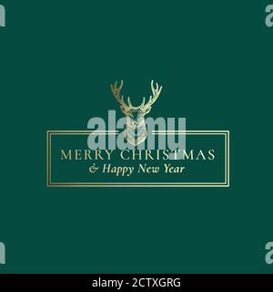 Frohe Weihnachten und ein glückliches neues Jahr abstrakter Vektor Classy Frame Label, Zeichen oder Karte Vorlage. Handgezeichnete Hirsch Kopf Skizze Illustration mit Vintage Stock Vektor