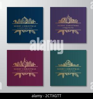 Weihnachtskollektion abstrakter botanischer Etiketten oder Karten mit rechteckigen Rahmen-Bannern. Golden Glitter Hintergrund Grußlayouts Set. Socken, Handschuh, Spielzeug Stock Vektor