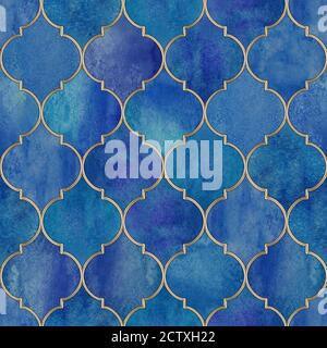 Vintage dekorative marokkanische Nahtloses Muster mit glitzernder Linie. Aquarell handgezeichnetes blau-lila Buntglasfenster-Design. Aquarell orientalisch Stockfoto