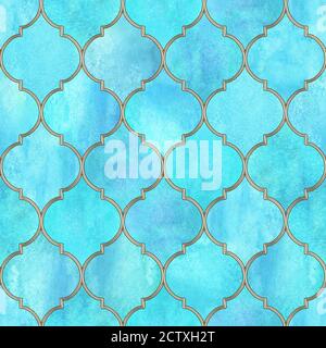 Vintage dekorative marokkanische Nahtloses Muster mit silberner Linie. Aquarell handgezeichnetes blaues Buntglasfenster-Design. Aquarell geometrisches oder Stockfoto
