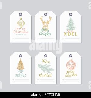 Weihnachten und Neujahr Ready-to-use Pastel Farbe Geschenk-Tags oder Etiketten Vorlagen Set. Handgezeichneter Hirsch, Spielzeugkugeln, Pine oder Fichte verzierte Skizzen Stock Vektor