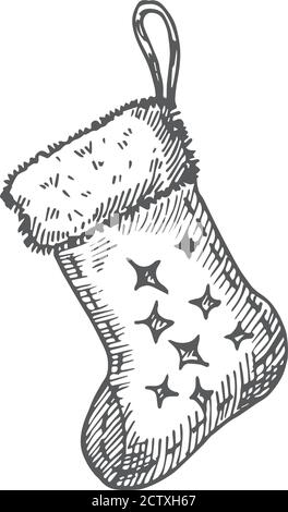 Handgezeichnete Weihnachtsstrumpf für Geschenke und Geschenke Vektor-Illustration. Abstrakte Rustikale Skizze. Winter Urlaub Gravur Stil Zeichnung. Stock Vektor
