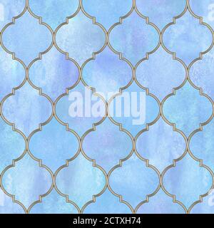 Vintage dekorative marokkanische Nahtloses Muster mit goldener Linie. Aquarell handgezeichnetes blau-lila Buntglasfenster-Design. Aquarell orientalische Ele Stockfoto