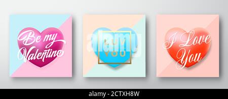 Romantische Typografie Valentinstag Vektor-Grüße mit lila und blauen Herzen Silhouetten auf einem hellblauen und Mint Hintergründe Set. Elegant Und Sanft Stock Vektor