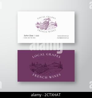 Lokale Trauben Französisch Weine Vineyard Retro abstrakt Vektor-Zeichen oder Logo und Visitenkarte Vorlage. Handgezeichnete Weintraubenabteilung und Weinbaulandschaft Stock Vektor