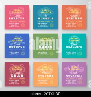 Fresh Seafood Delights Premium Quality Labels Bundle. Abstrakte Vektor-Verpackung Design-Layouts Festgelegt. Retro Typografie mit Bordüren und handgezeichnet Stock Vektor