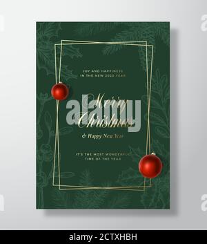 Abstrakter Vektor-Grußkarte oder Weihnachtsposter. Klassische Grün- und Goldfarben und Typografie. Realistische Spielzeugbälle und Skizze Kiefernzweige Stock Vektor