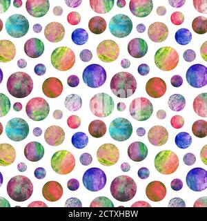 Bunte Kreis Planeten nahtlose Muster mit Grunge-Effekt. Abstrakte geometrische runde Form Kugel Scheibe Textur auf weißem Hintergrund. Einfach brigh Stockfoto