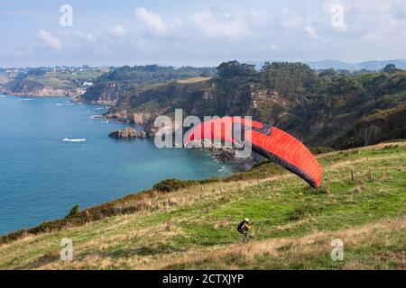 Gleitschirmflieger, der auf einem grasbewachsenen Hügel vor dem Meer landet. Roter Gleitschirm offen, kein Motor. Klippen am Meer. Asturien, nördlich von Spanien Stockfoto