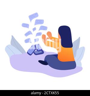 Social Media Network.Girl empfängt Nachrichten.Frau sitzt umgeben von Nachrichten Blasen. Stock Vektor