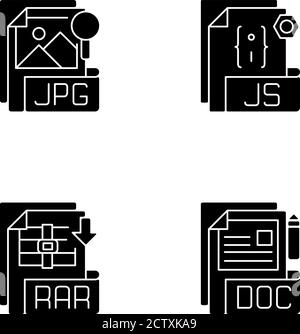 Dateitypen schwarze Glyphen-Symbole auf weißem Raum gesetzt Stock Vektor