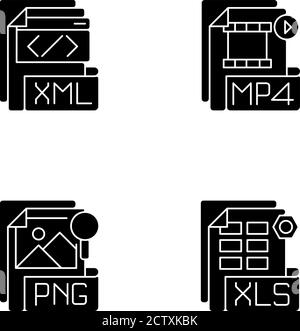 Dateitypen schwarze Glyphen-Symbole auf weißem Raum gesetzt Stock Vektor