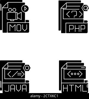 Dateitypen schwarze Glyphen-Symbole auf weißem Raum gesetzt Stock Vektor