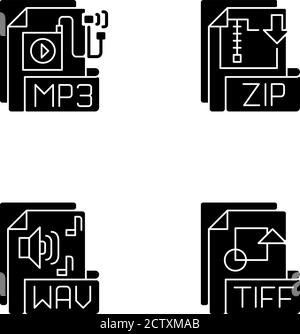 Dateitypen schwarze Glyphen-Symbole auf weißem Raum gesetzt Stock Vektor