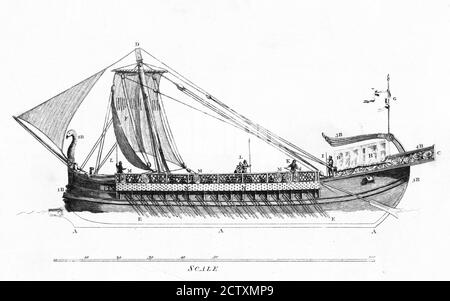 Trireme. Illustration einer antiken Galeere mit drei Ruderbänken, Radierung, 1801 Stockfoto