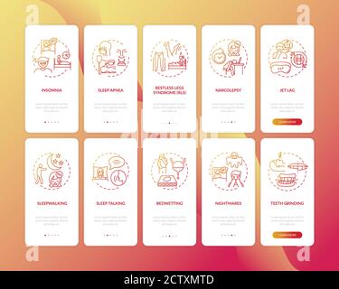 Schlafstörungen roter Gradient Onboarding mobile App Seite Bildschirm mit Konzepte festgelegt Stock Vektor