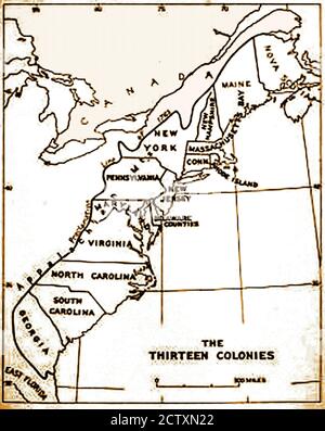 Eine historische Karte der ursprünglichen 13 Kolonien der USA. Spanien beanspruchte das gesamte Land vom Mississippi-Fluss bis zum Pazifischen Ozean, plus den Golf von Mexiko.der Vertrag von Paris schuf eine neue Nation im Jahr 1783 und verdoppelt die Größe der ursprünglichen 13 Kolonien, erweitert seine Grenzen bis zum Mississippi-Fluss. Delaware (ein Sklavenstaat) war der 1. Staat, der die US-Verfassung im Jahr 1787 ratifizierte, Pennsylvania war der 2. Im Dezember 1787 und erklärte sich selbst zu einem "Freien Staat". Tage später folgte Ndew Jersey. Stockfoto