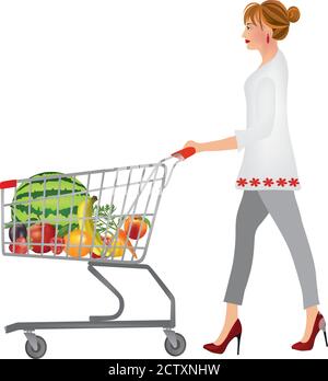 Frau schiebt einen Einkaufswagen voller Obst und Gemüse, Vektor Stock Vektor